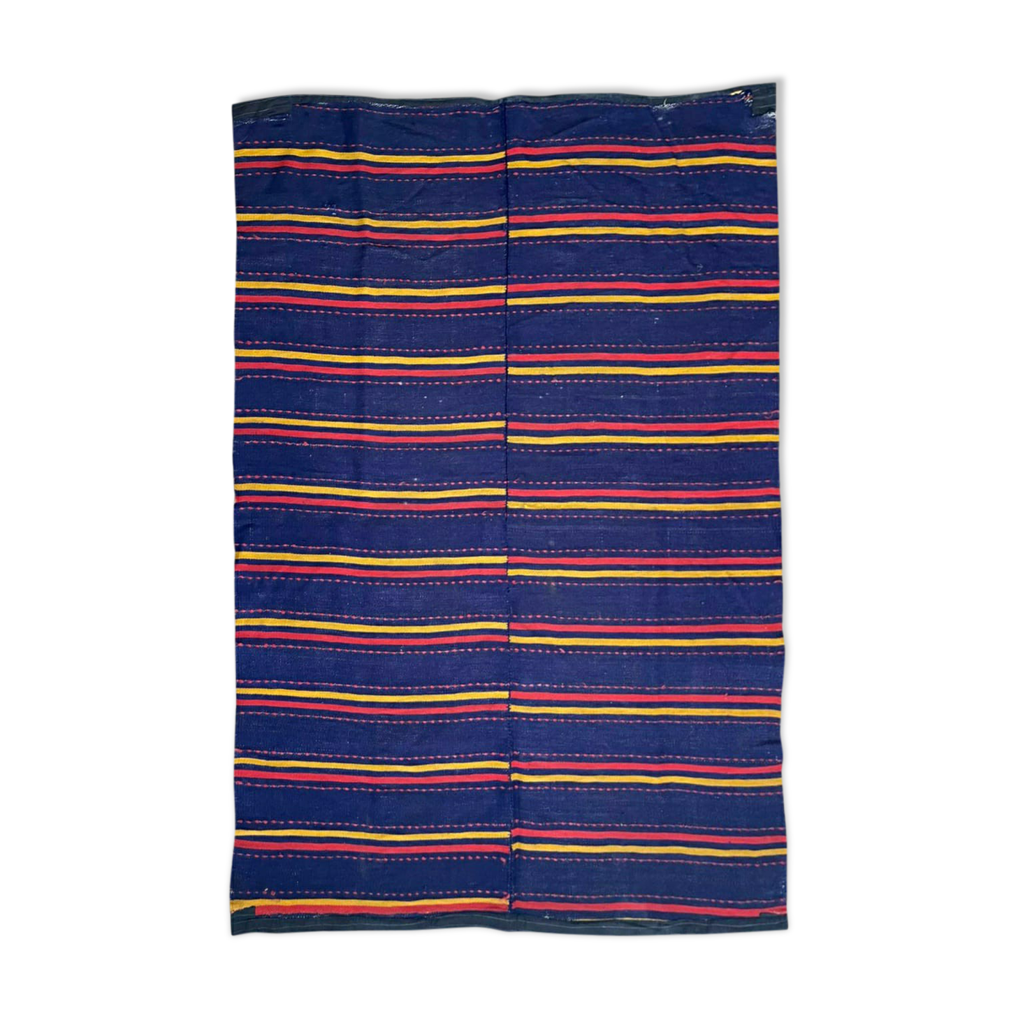 Romanian rug handwoven in wool, purple background with red and yellow stripes 183x133cm