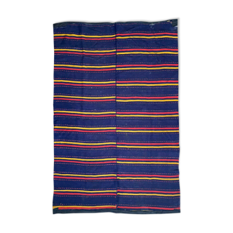 Tapis roumain tissé main en laine, fond violet à rayures rouges et jaunes 183x133cm