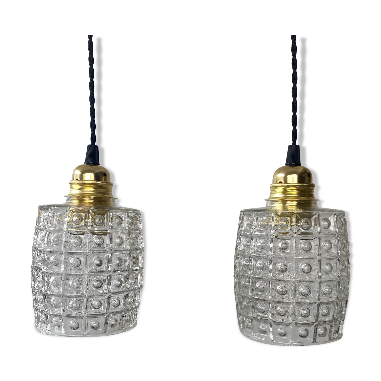 Pair of vintage molded glass pendant lamps