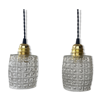 Pair of vintage molded glass pendant lamps