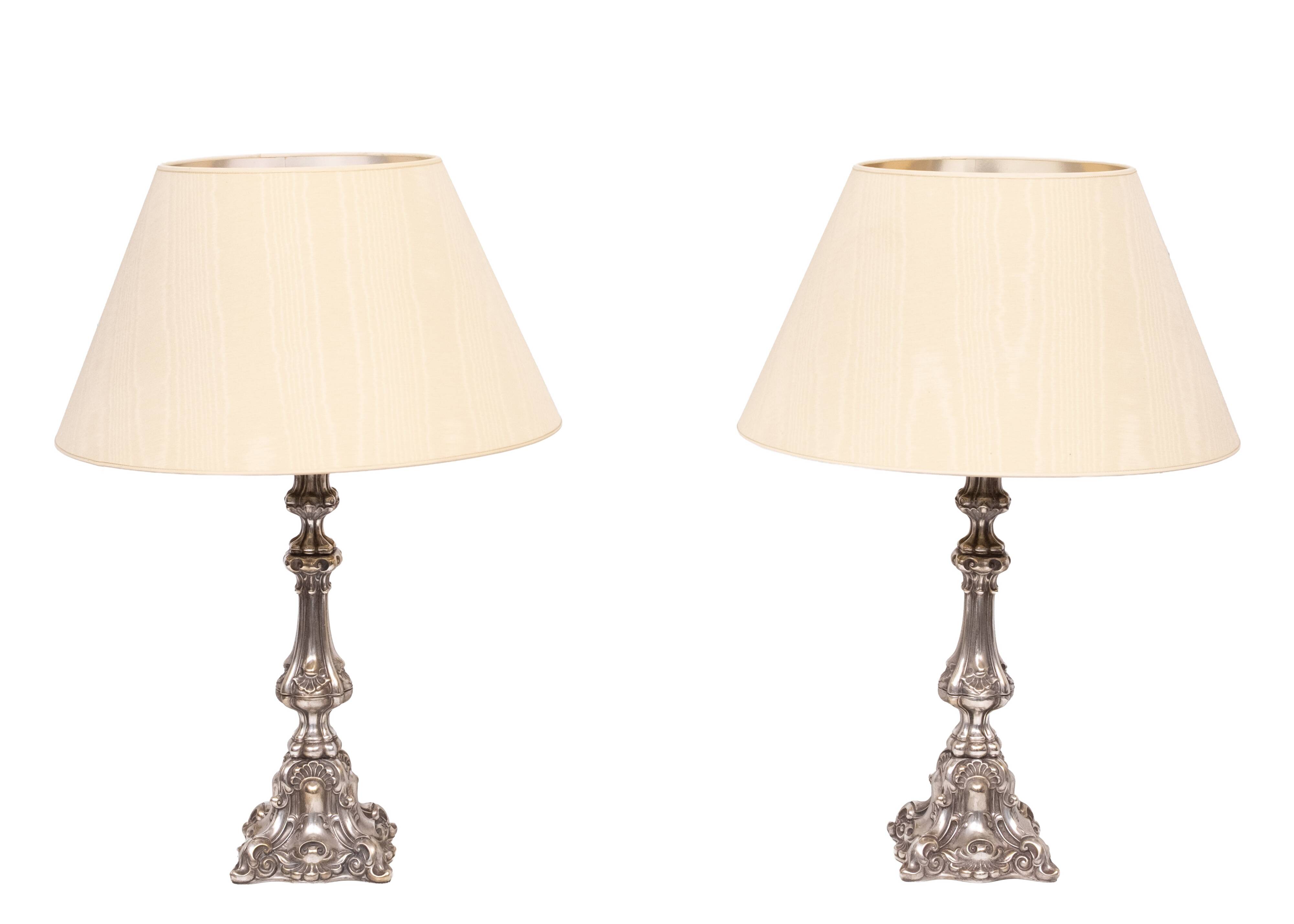 Stunning set of Rococo Silver Plated table lamps 1920s