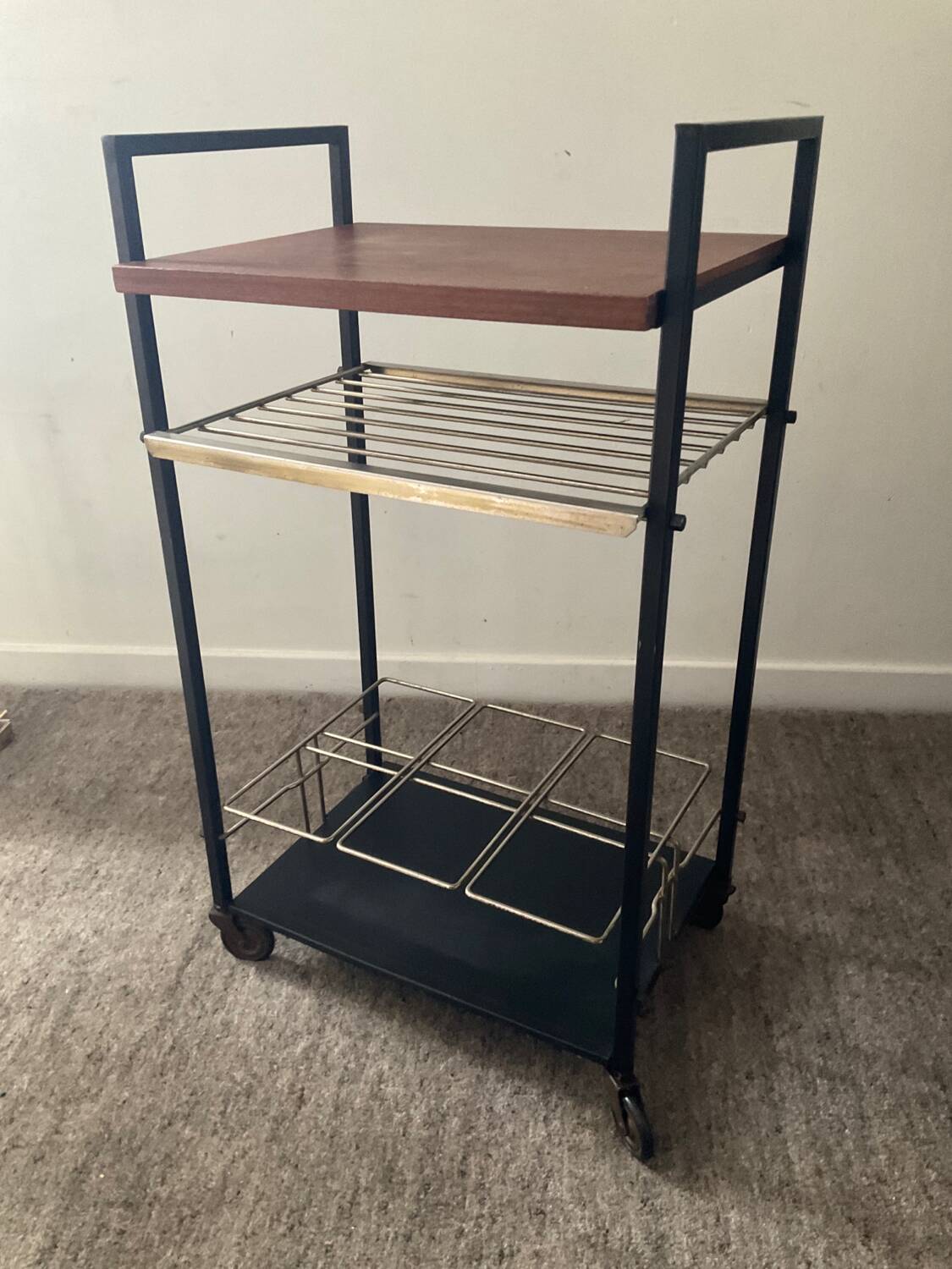 Vintage teak and metal bar trolley