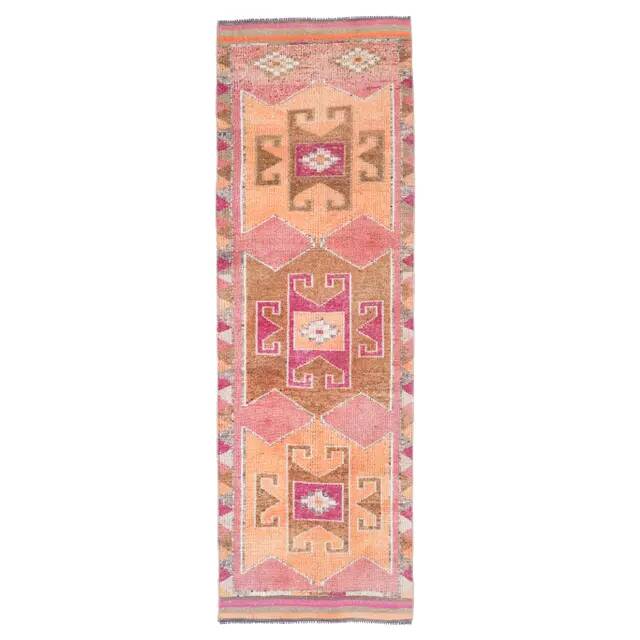 Vintage Turkish Hand-Knotted Wool Cotton Pink Runner 101x333