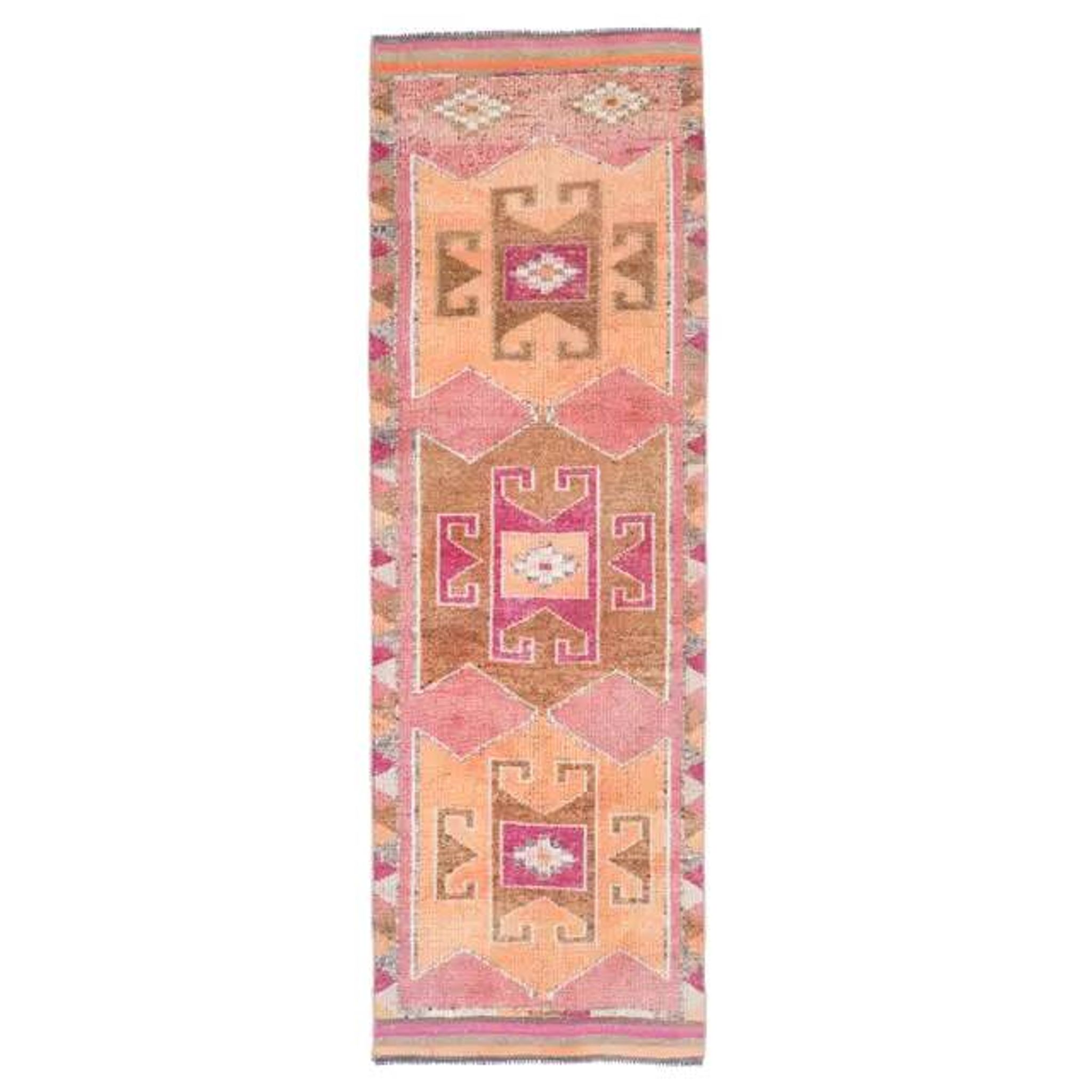 Vintage Turkish Hand-Knotted Wool Cotton Pink Runner 101x333