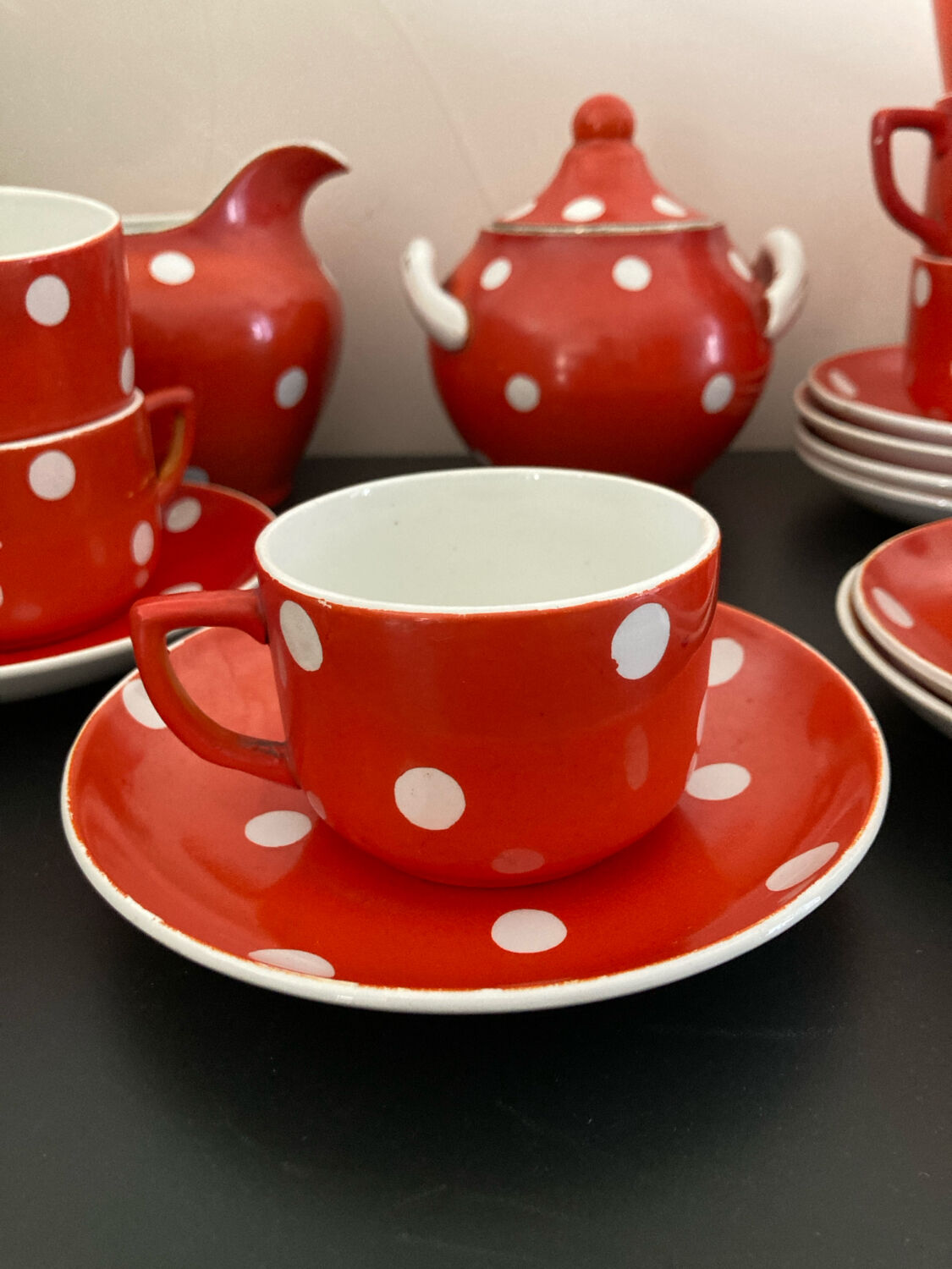 Coffee service, orange earthenware cups from Digoin Sarreguemines.