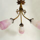 Art Deco chandelier in bronze with 3 tulips in pink glass paste. Signed L'Elf