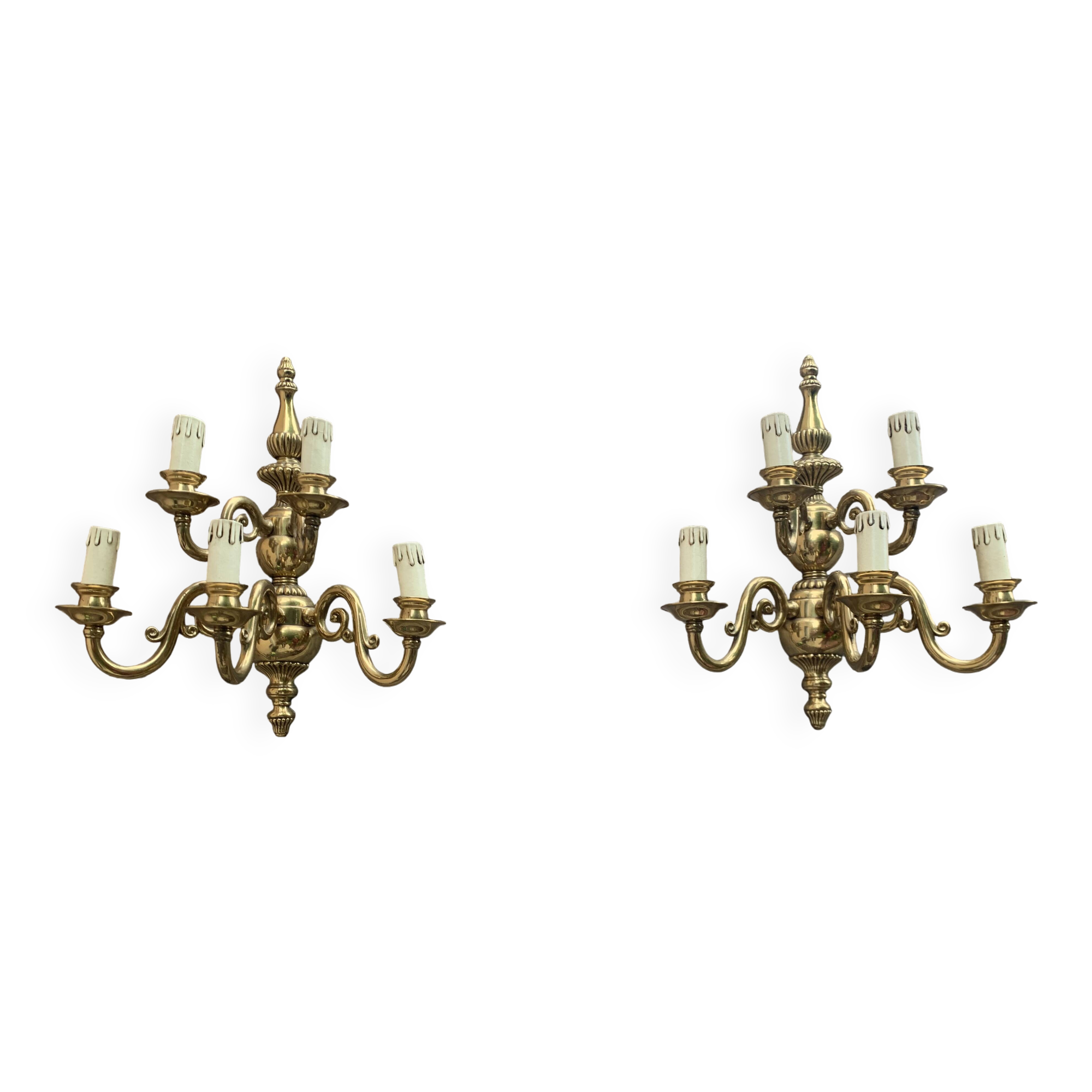 Large Pair of Dutch Style 5-Branch Wall Lights in Brass, Gilded Bronze, 19th Century