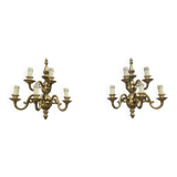 Large Pair of Dutch Style 5-Branch Wall Lights in Brass, Gilded Bronze, 19th Century