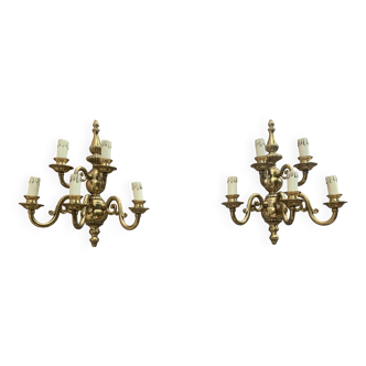 Grande Paire d'appliques de style hollandais à 5 branches en laiton, bronze doré et d'époque XIX