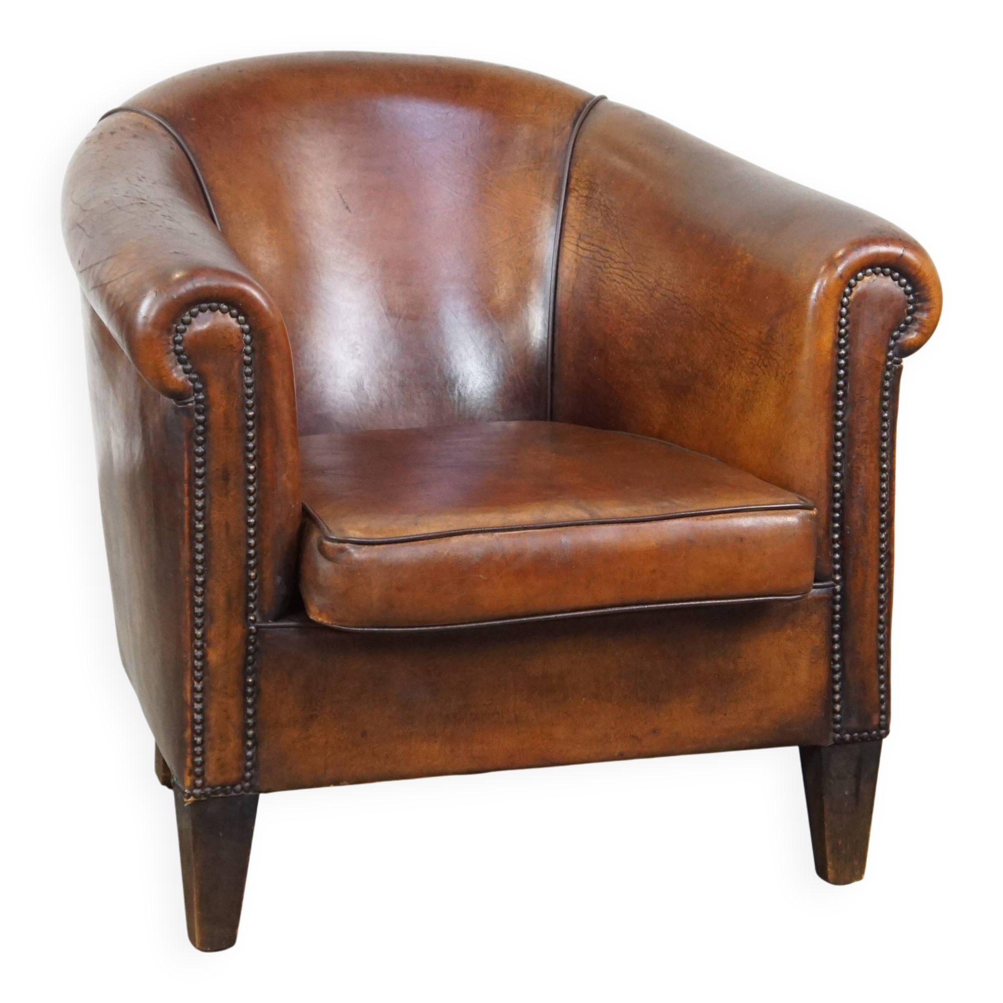 Cognac-Colored Vintage Sheepskin Leather Club Armchair