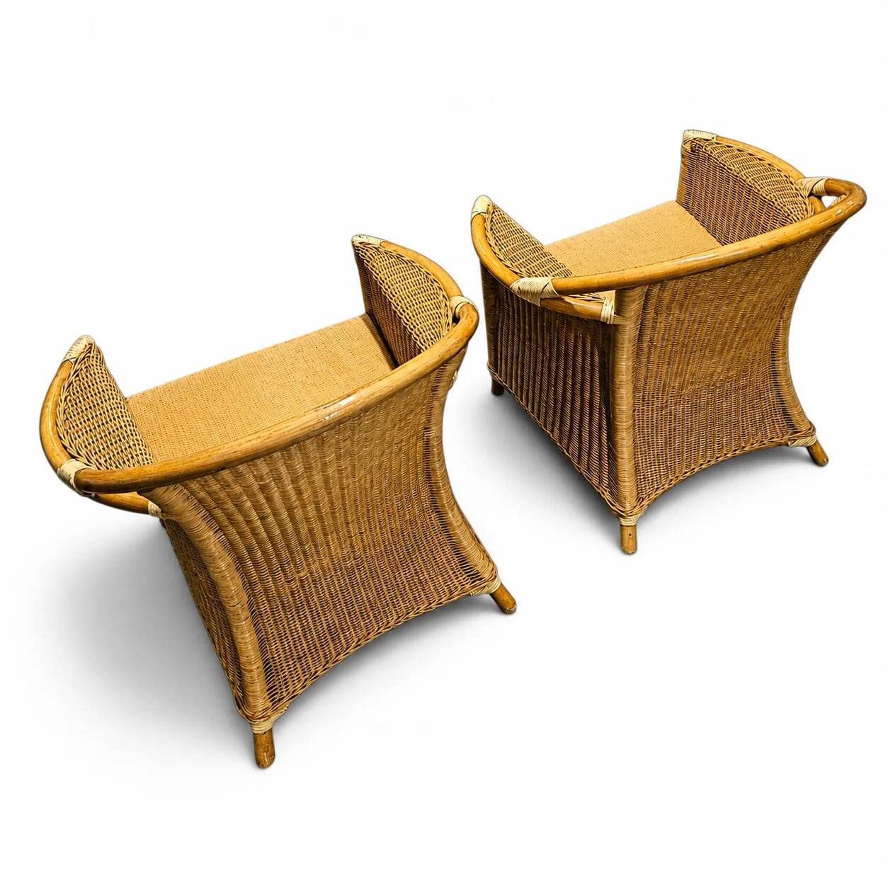 2 x wicker and bamboo patio chair / 1980s / faux suede / alcantara