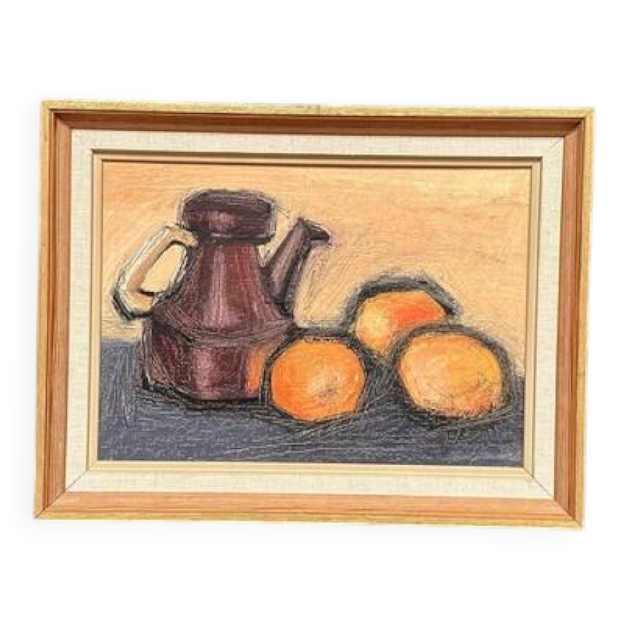 Original Swedish Oil on Panel – "Kattle and Oranges" by Herald – Signed – Dated 1966 – Framed Vintage Piece