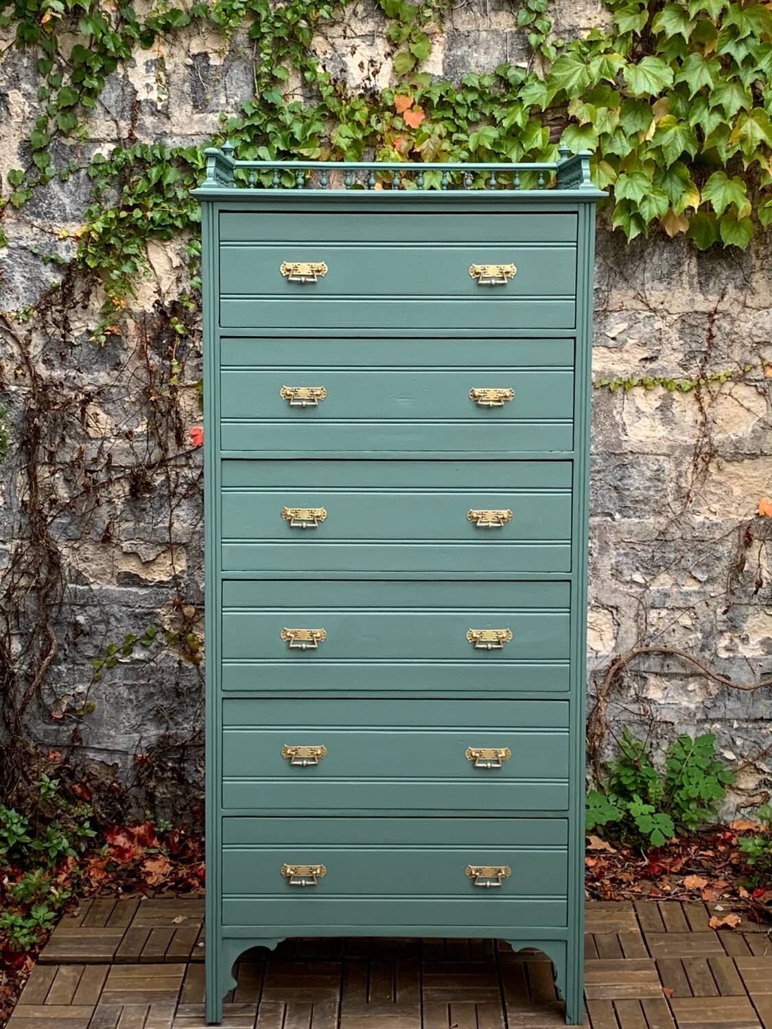 Old grey green high chest of drawers H160