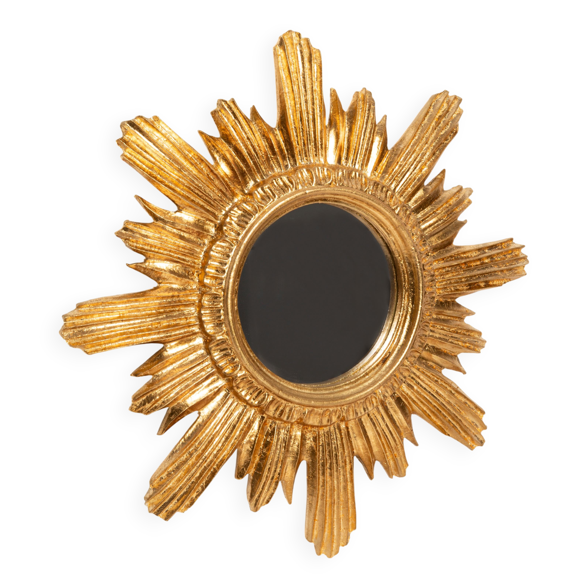 Miroir vintage soleil doré italien, bois doré, années 1960