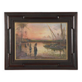 Ancient painting of an exotic landscape with pyramids and figures from the 1800s.