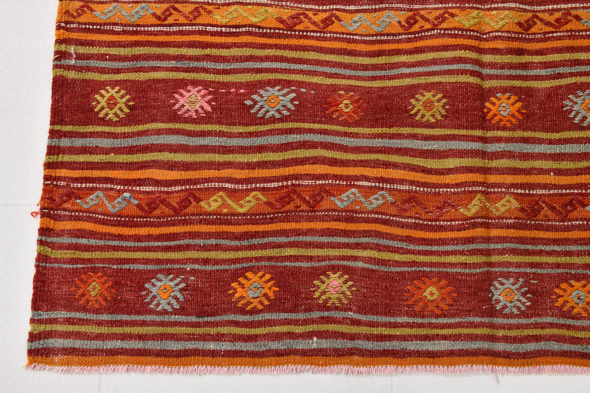 4x7 Red Orange Striped Handmade Wool Kilim Rug