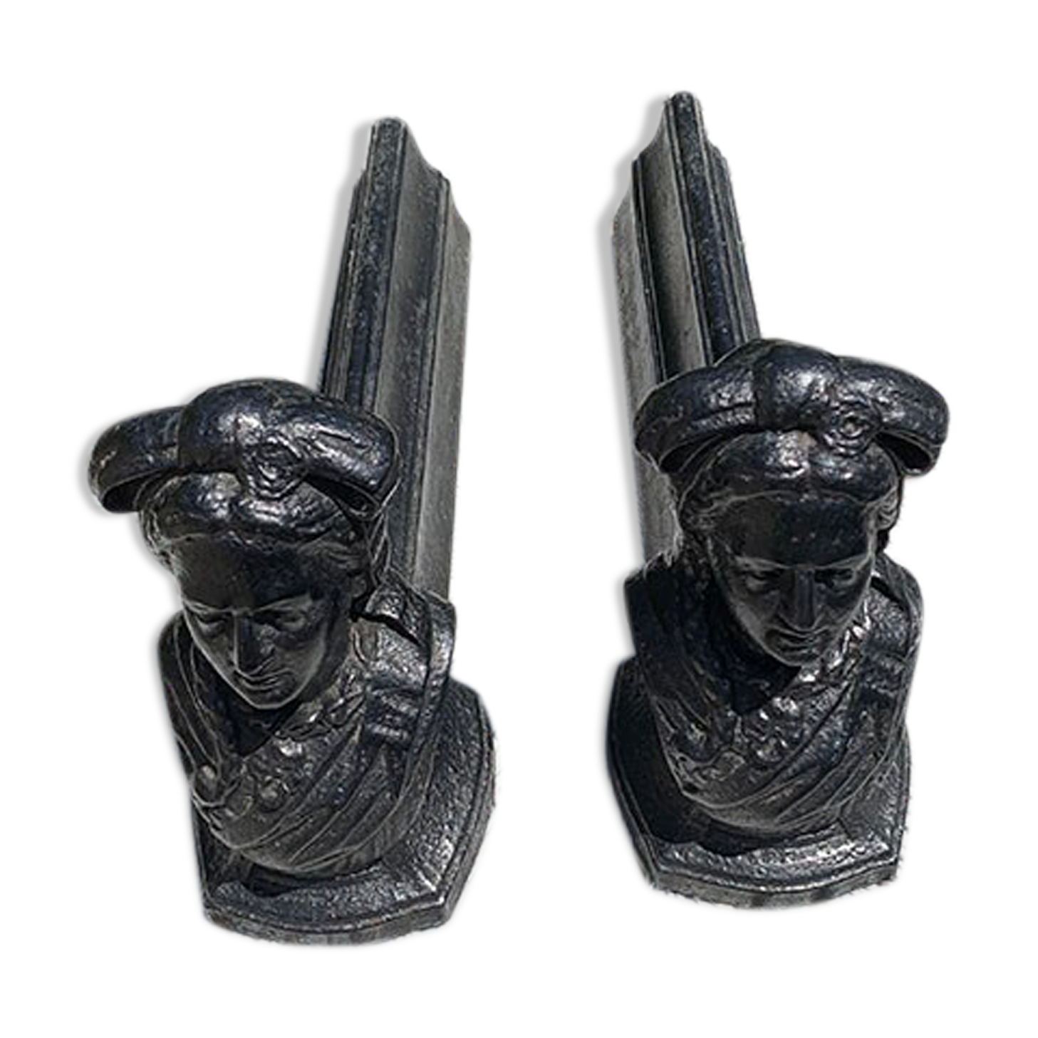 Ancient cast iron chenets, bust of long woman mat