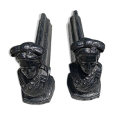 Ancient cast iron chenets, bust of long woman mat