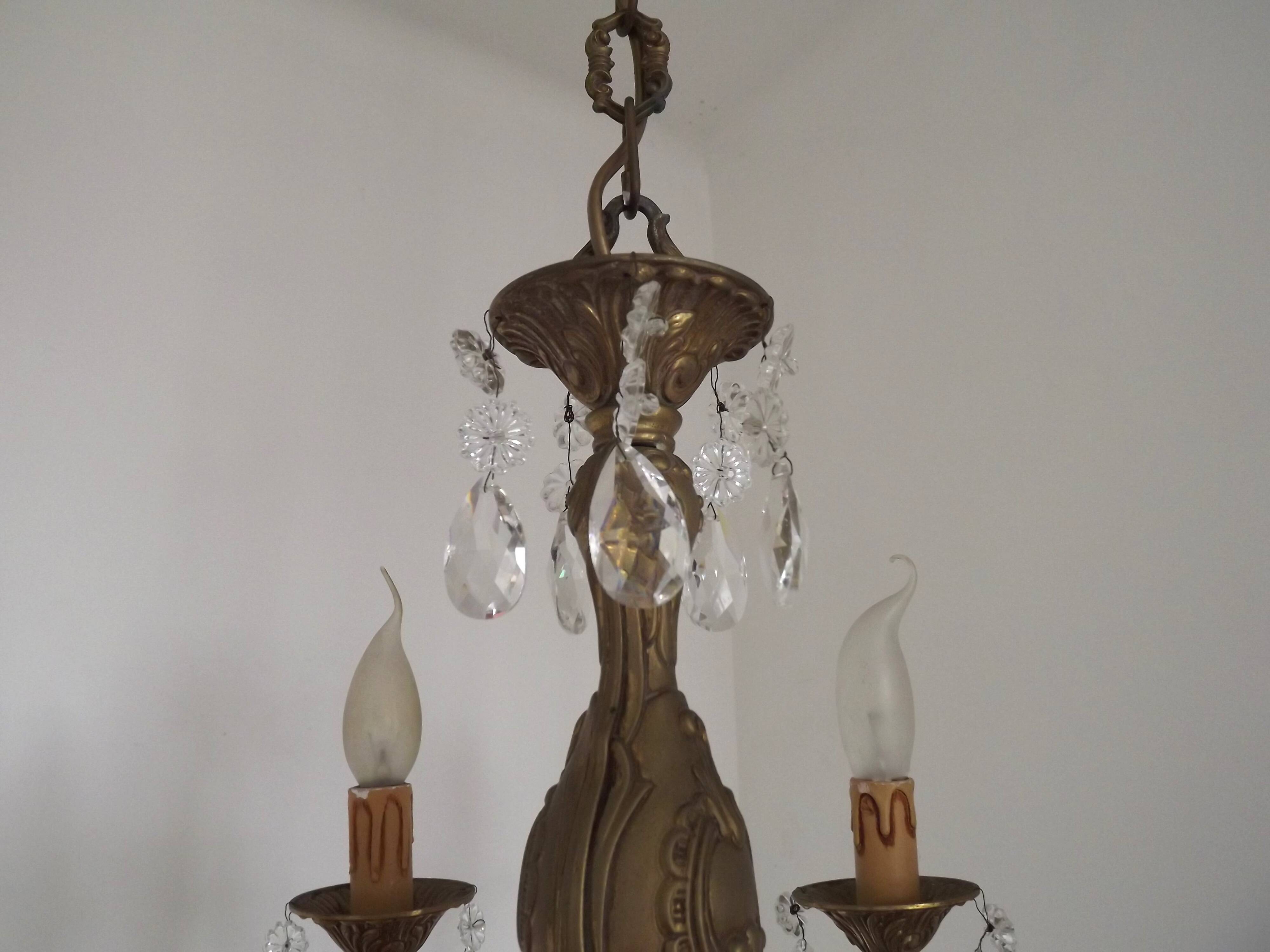 French Mid-Century Bronze 6-Light Chandelier with Crystal Droplets 5491