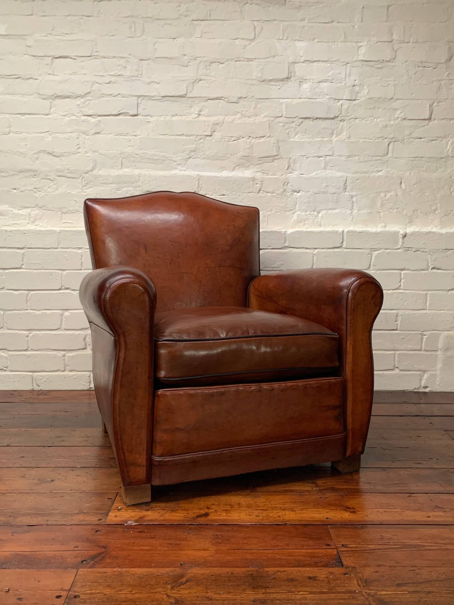 Antique French Leather Club Chair, Moustache Model, Circa 1930’s