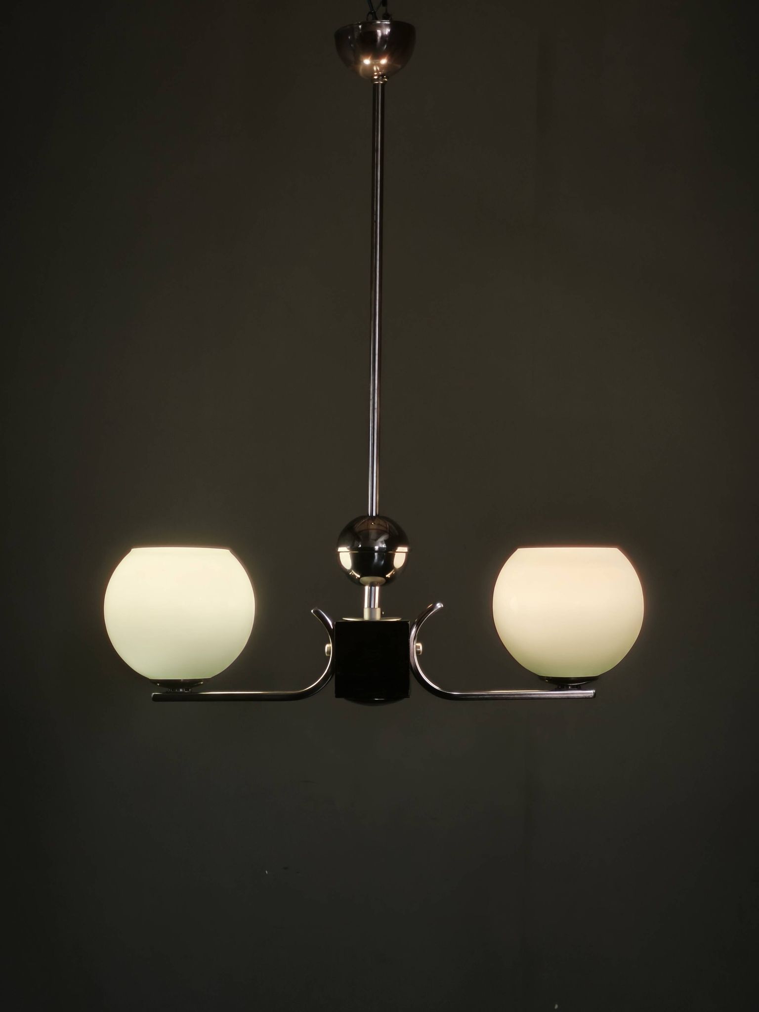 Art Deco Chrome and Opaline Glass Chandelier, Czechoslovakia, 1930s