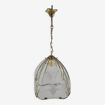 Brass and satin glass chandelier with floral decorations