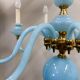 Statement French blue opaline glass chandelier with brass accents, 1960s