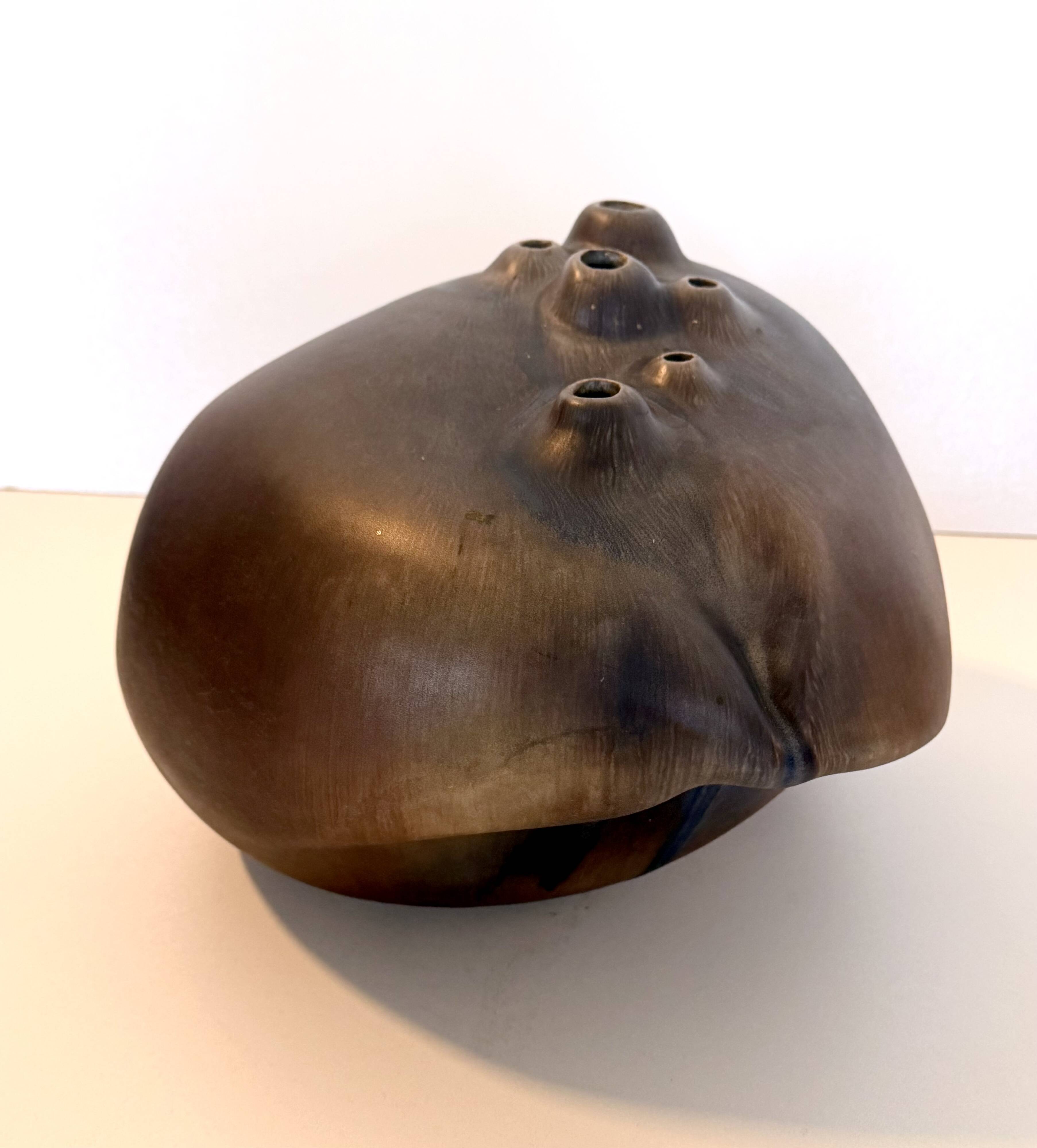Brown Lacquered Ceramic Tulip Vase / Centerpiece by Giacomo Onestini