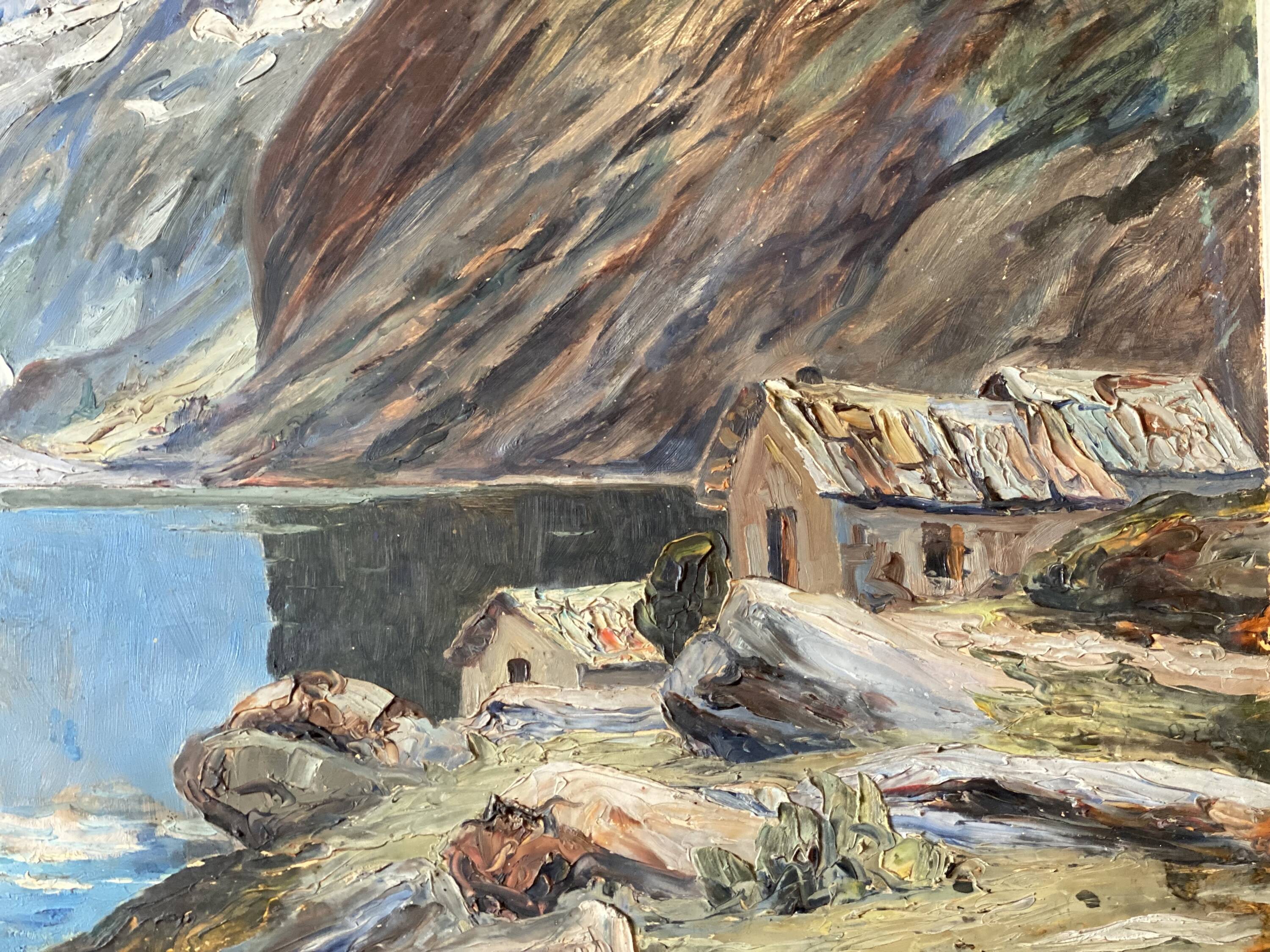 Mountain painting by paul jouvet of lake lauvitel in oisans (alps)