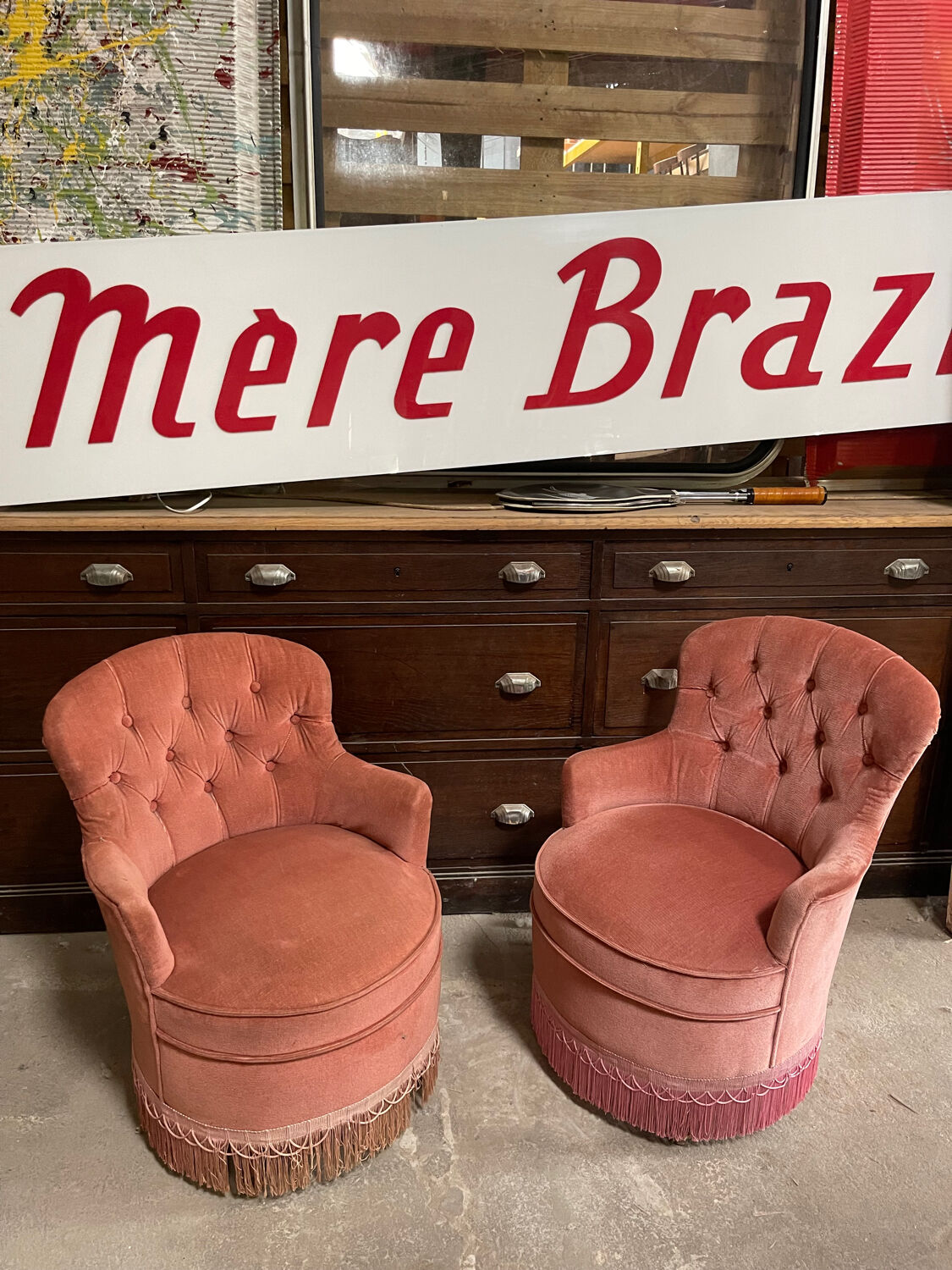 Pair of small powder pink toad armchairs