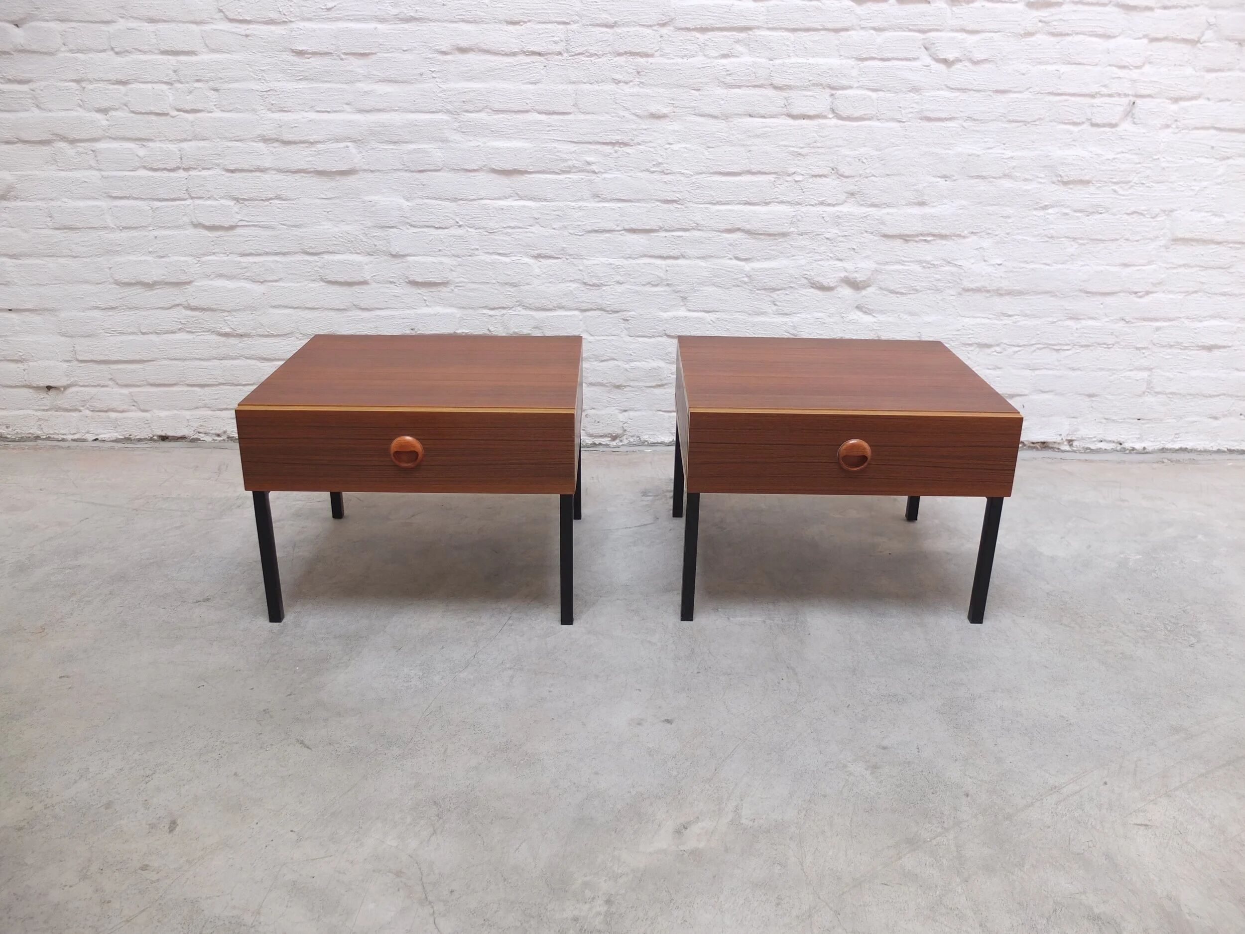 Modernist pair of bedside tables with drawers, 1960s