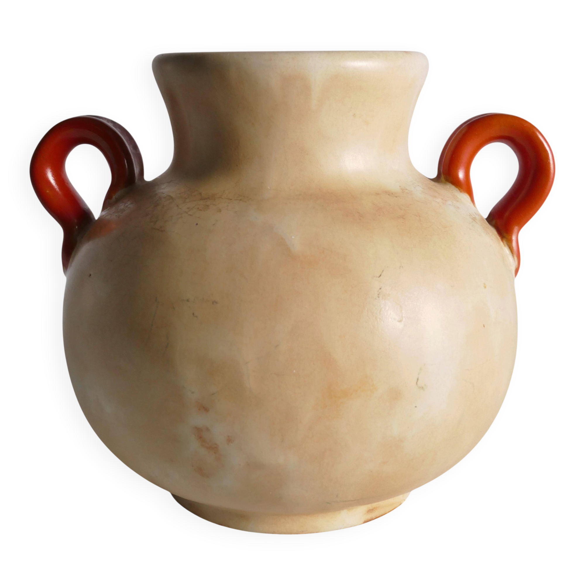 Art Deco Ceramic Beige Vase with Red Handles by Anna-Lisa Thomson, Upsala Ekeby