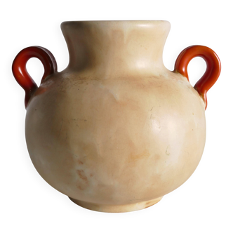 Art Deco Ceramic Beige Vase with Red Handles by Anna-Lisa Thomson, Upsala Ekeby