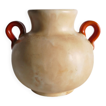 Art Deco Ceramic Beige Vase with Red Handles by Anna-Lisa Thomson, Upsala Ekeby