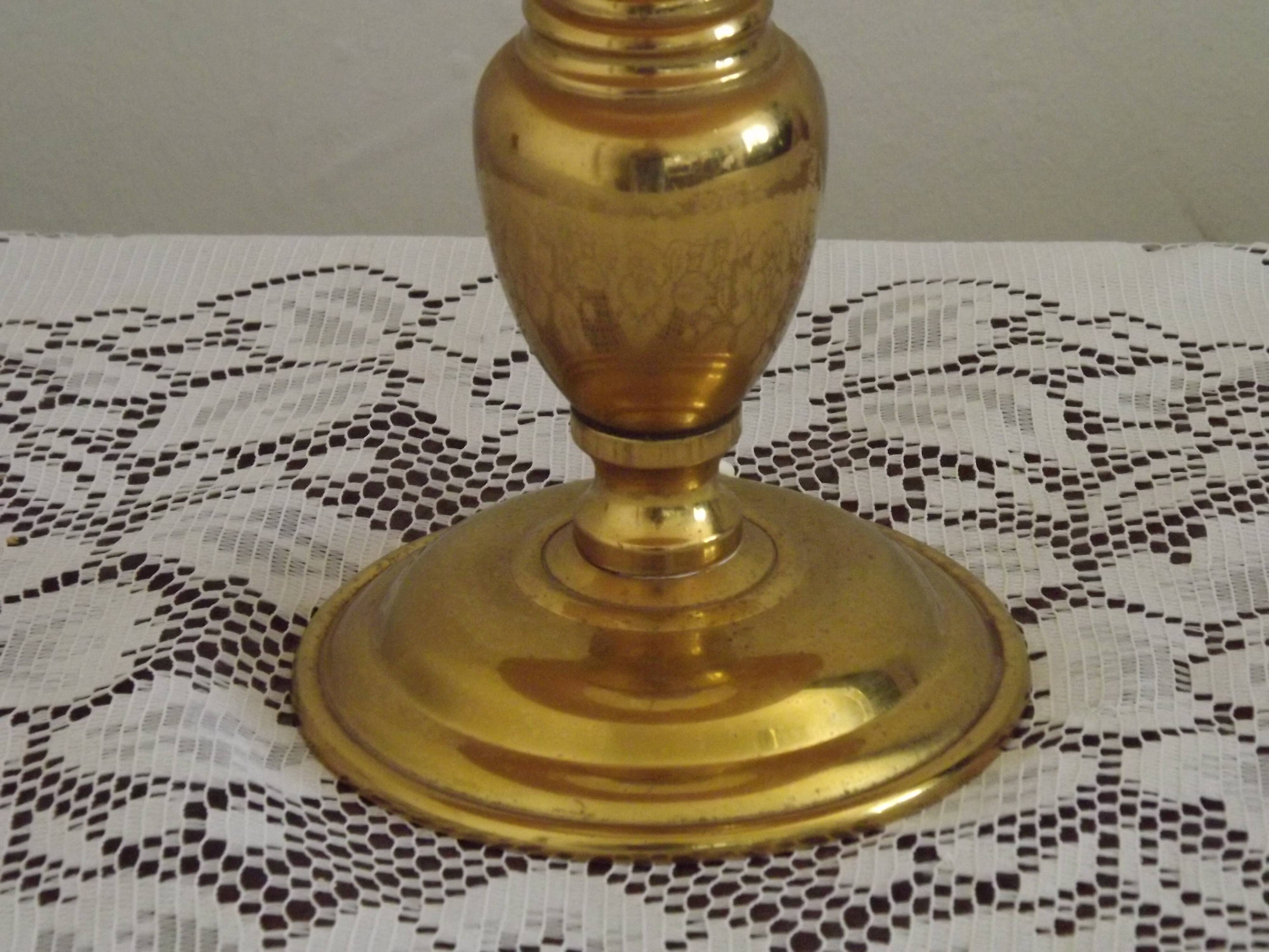 Vintage French Round Brass Table Lamp With Beige and Gold Shade