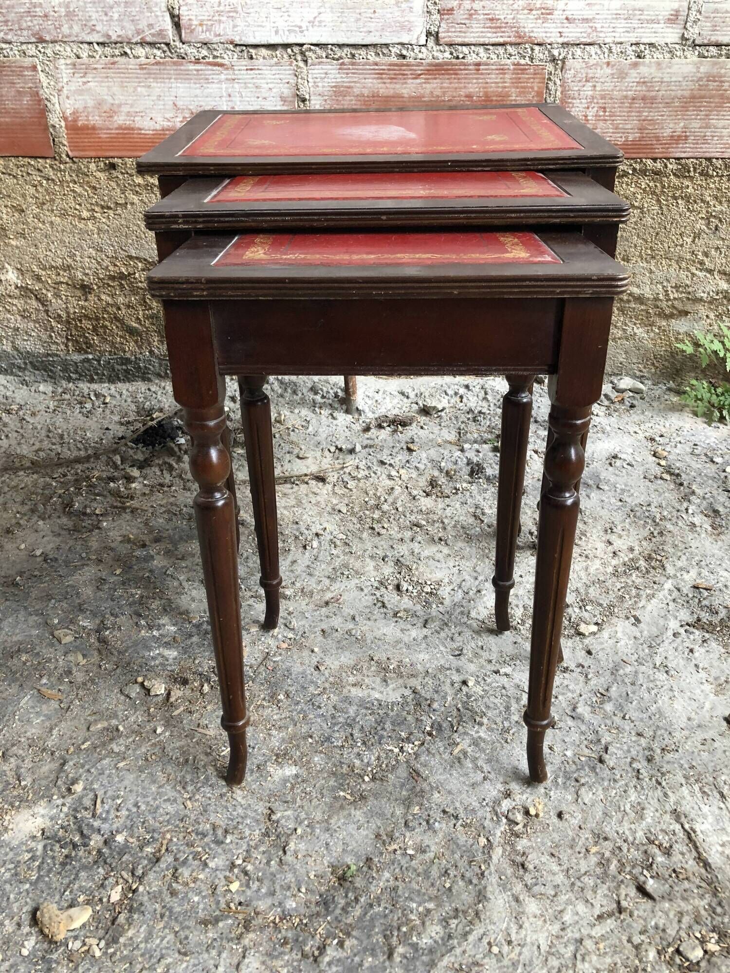 Series 3 Tables Trundles Wood Bent Feet + Top Embossed Leather Vintage Red