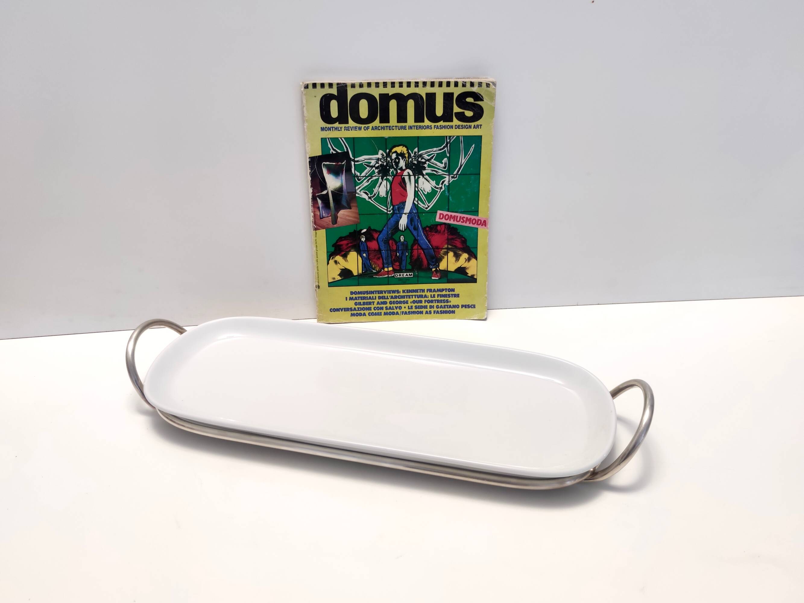 Postmodern Sabattini Sheffield Plated Metal and Ceramic Serving Plate, Italy