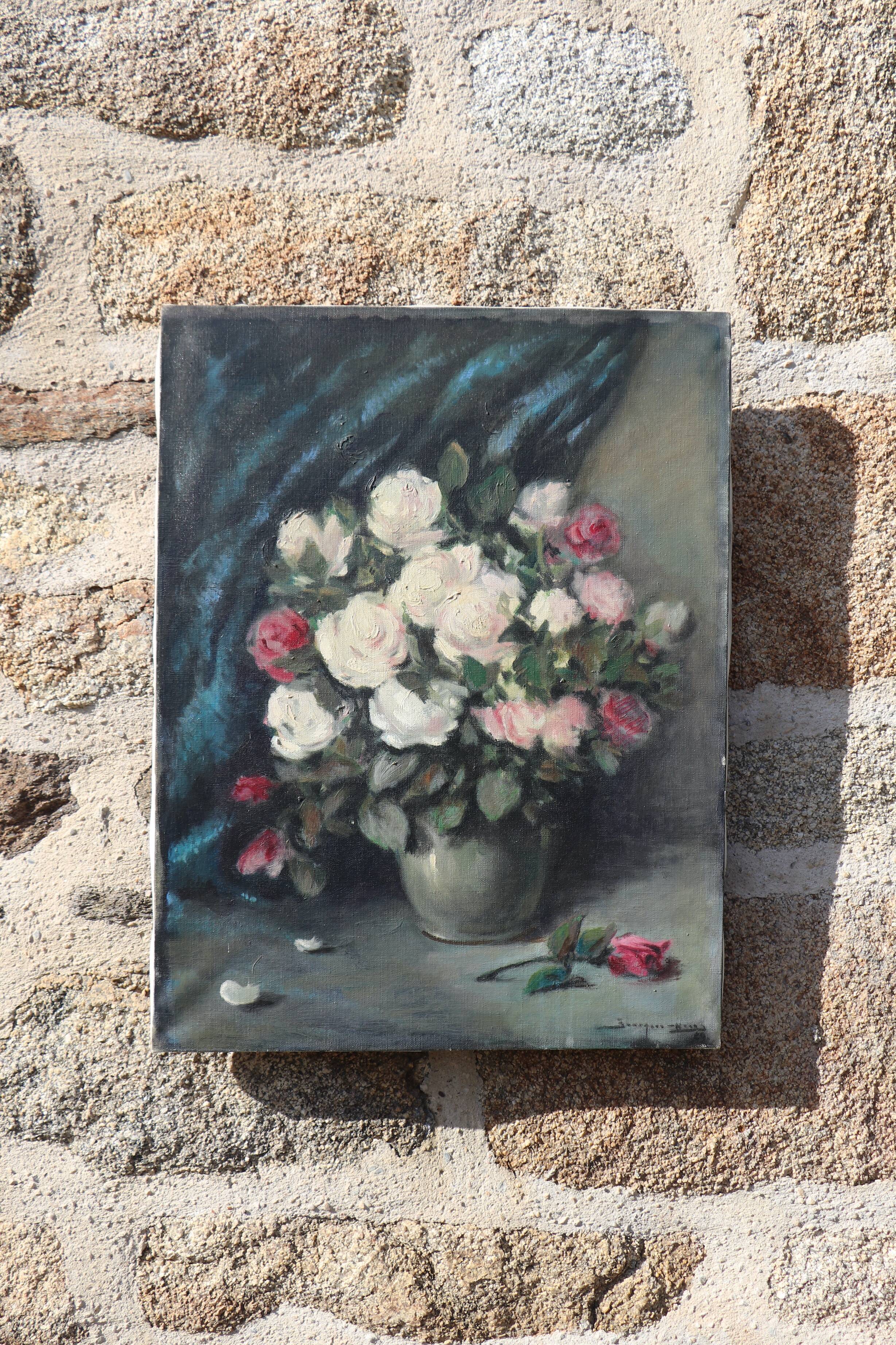 Huile sur toile bouquet de roses nature morte
