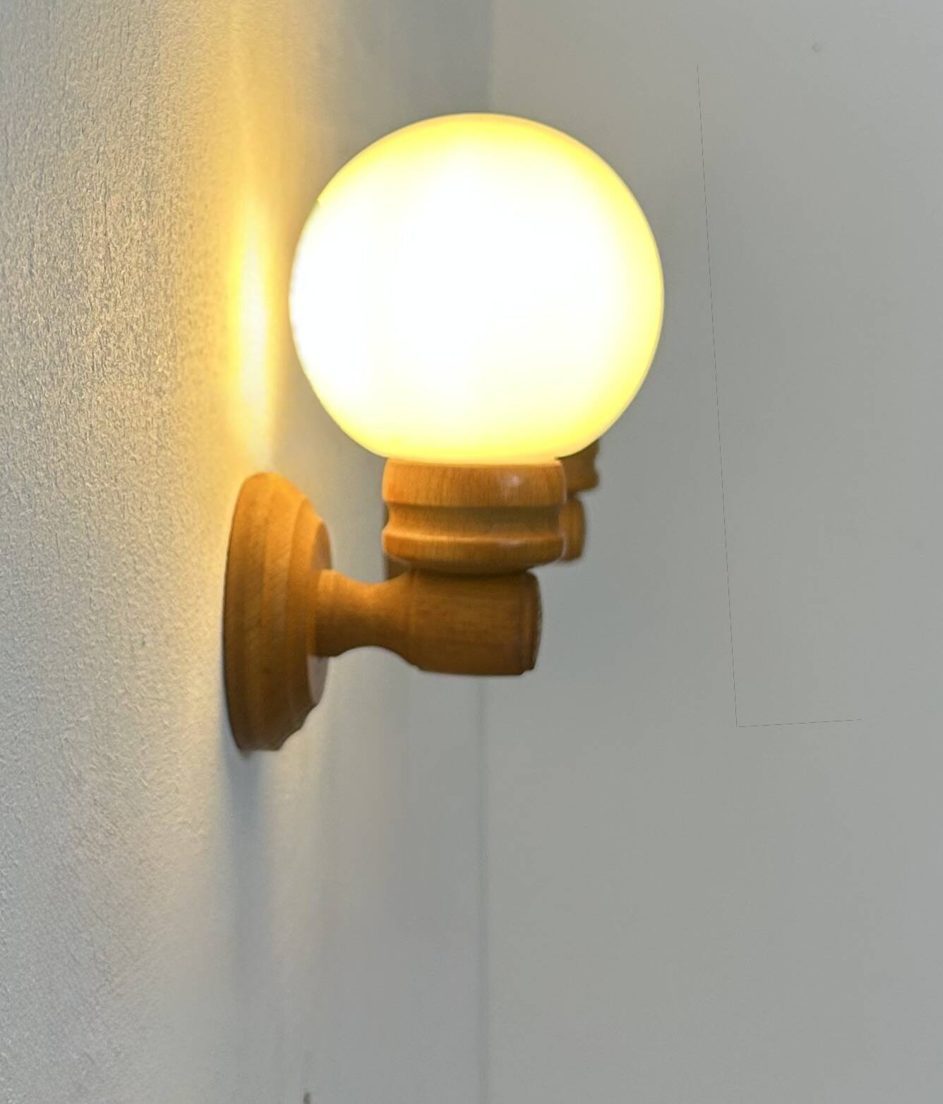 Pair of vintage wall lights, pine and opaline glass, France, 1980