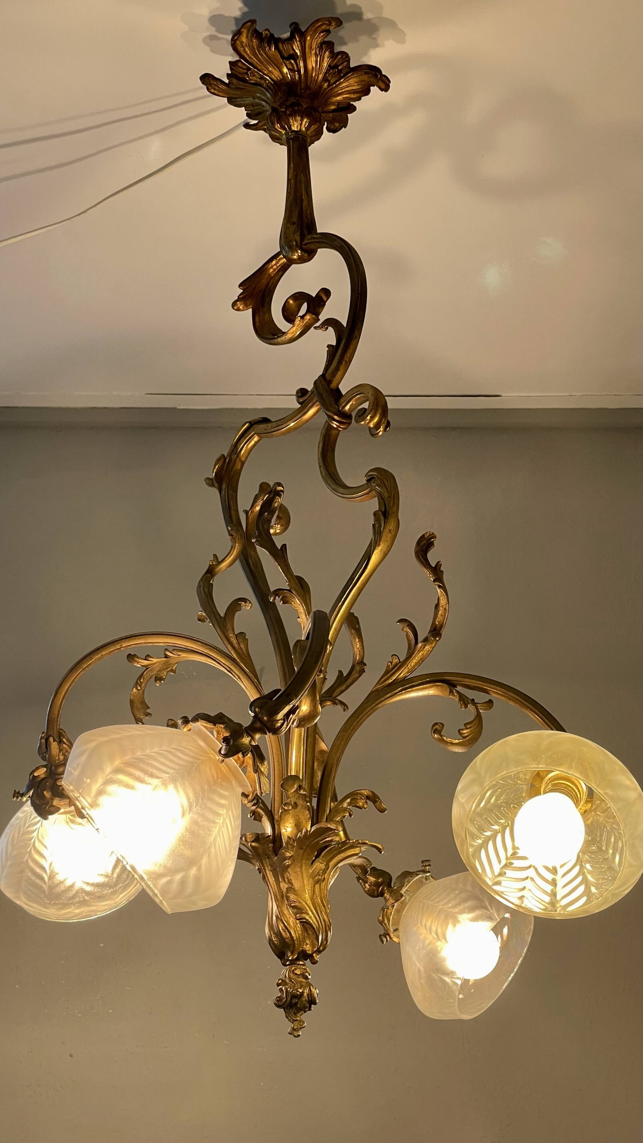 Jugendstil Golden Chandelier with Frosted Glass Shades