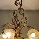 Jugendstil Golden Chandelier with Frosted Glass Shades