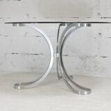 Living room table "Space Age" polished steel, circular slab smoked glass. France, circa 1970.
