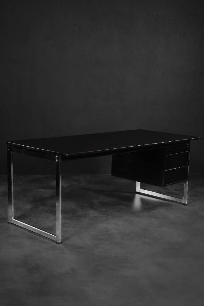 Vintage Mid-Century Danish Black Modern Minimalist Oak Office Desk with Chrome Base, 1970s