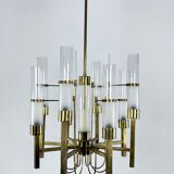 Sciolari, eight arms brass and glass tube chandelier. Italy 1960s