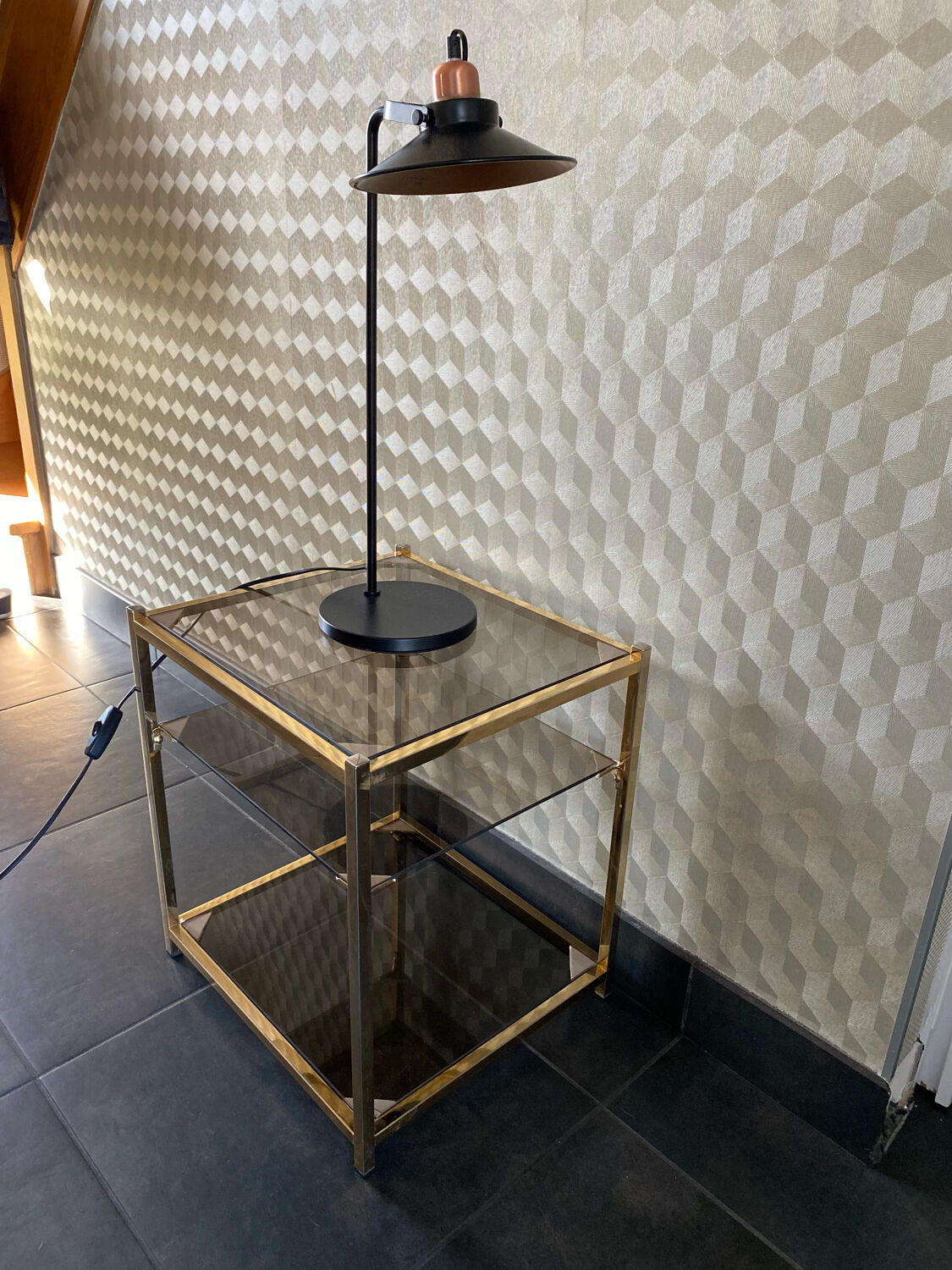 End of sofa 3 trays in smoked glass and brass-frame 70 year