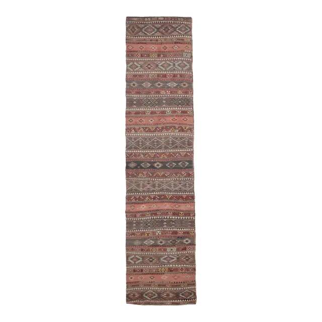 1970s Turkish Oushak Handmade Wool Cotton Brown Kilim Runner Rug 98x418