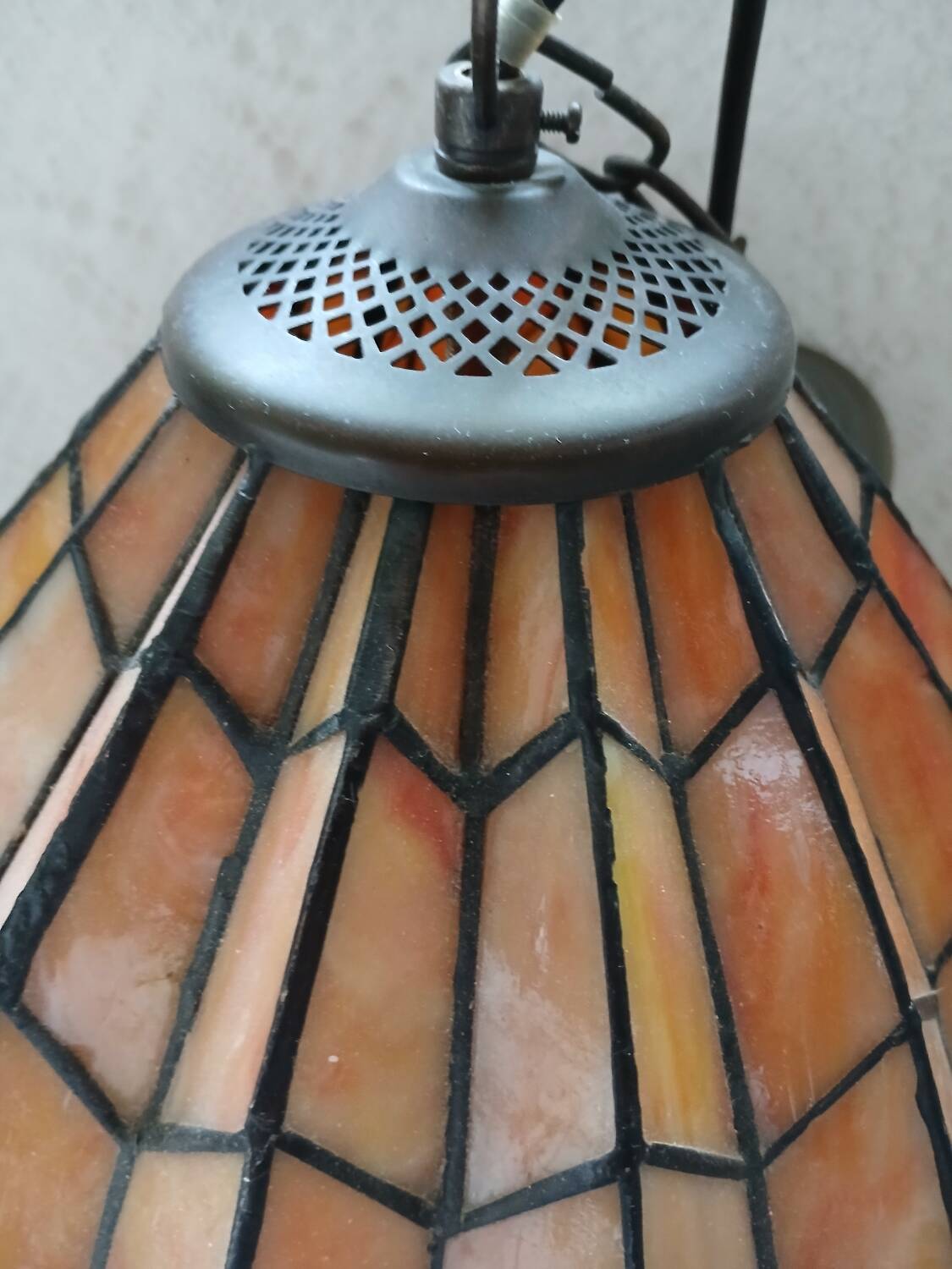 Antique stained glass and bronze pendant light
