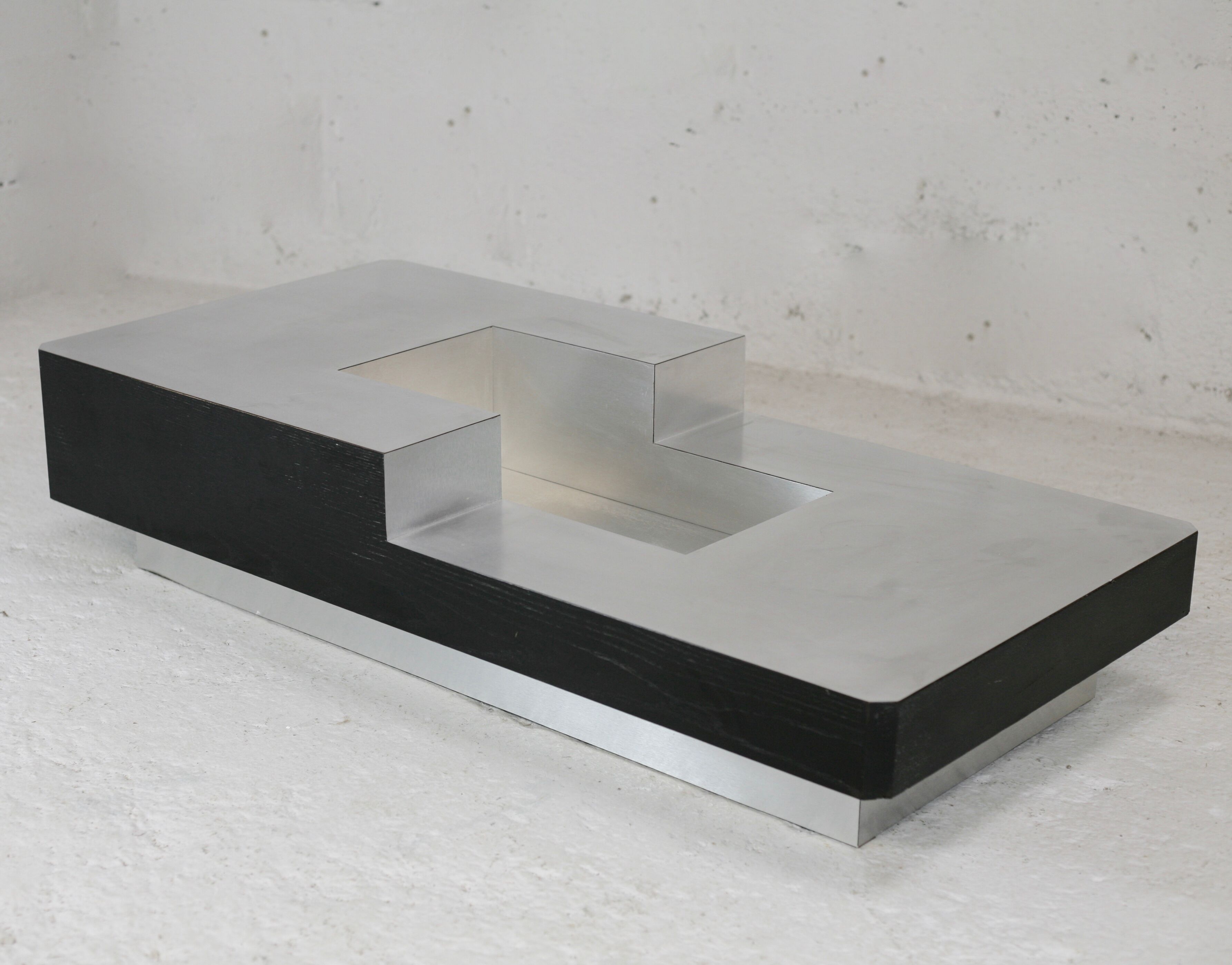Coffee table "Space Age", wood, aluminum veneer, France, circa 1970