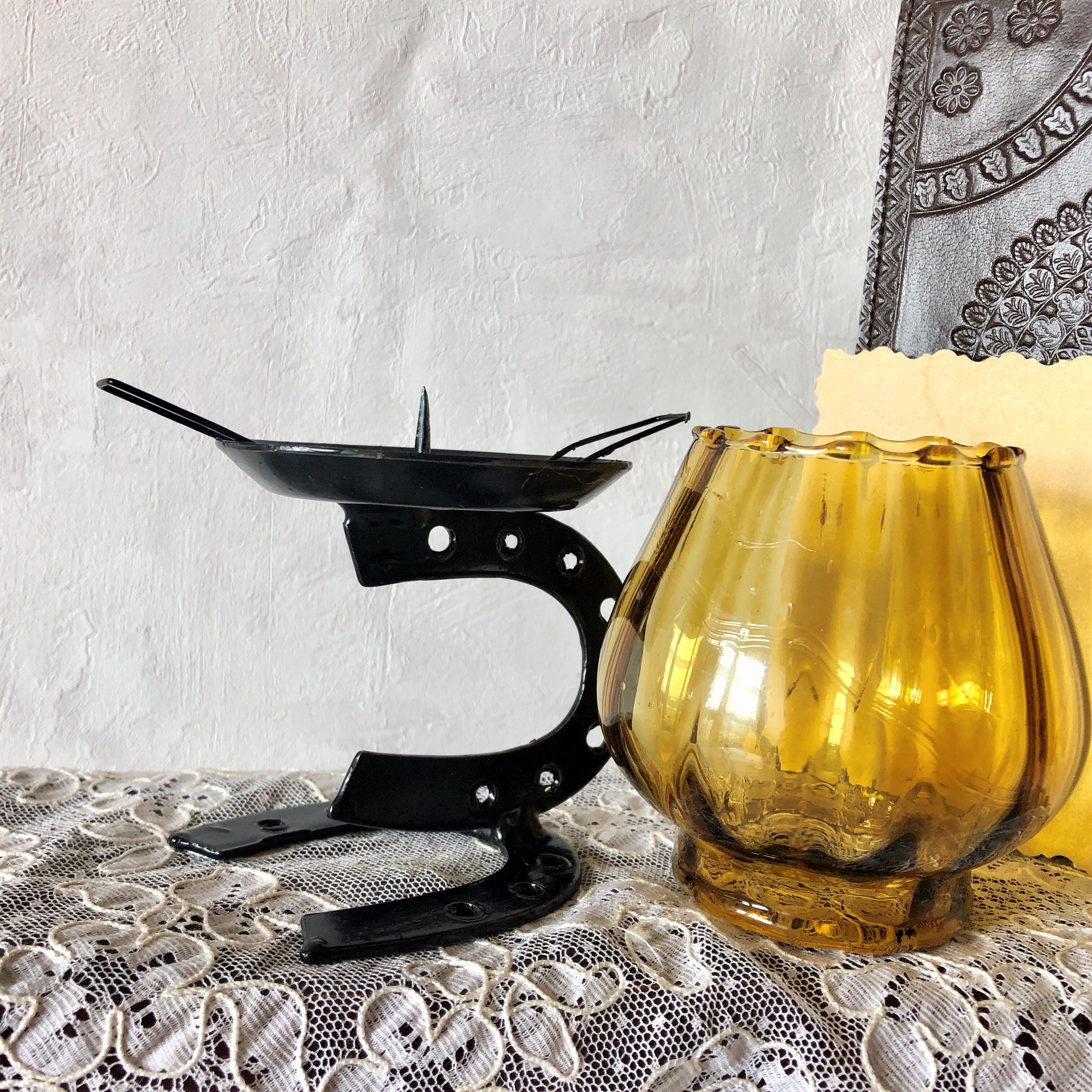 Candle holder photophore metal horseshoe and vintage amber glass