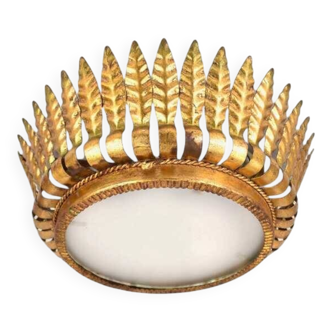 Mid Century Spanish Flush Mount Sunburst Leafs | Vintage Toleware Ceiling Light Fixture Gold Gilded Florentine Lamp Hollywood Regency 1950s